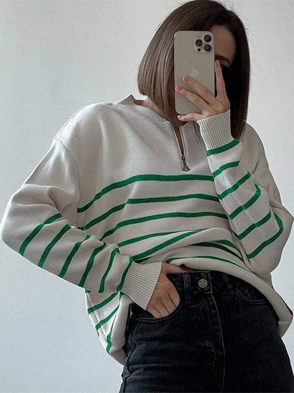 flowersverse Urban Long Sleeves Loose Striped Round-Neck Sweater Tops
