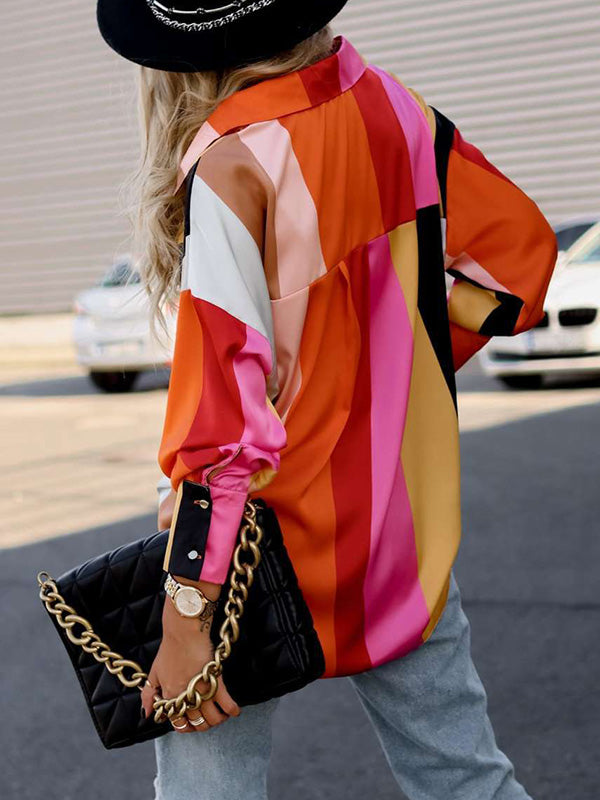 flowersverse Stylish Selection Long Sleeves Loose Contrast Color Lapel Collar Blouses&Shirts Tops
