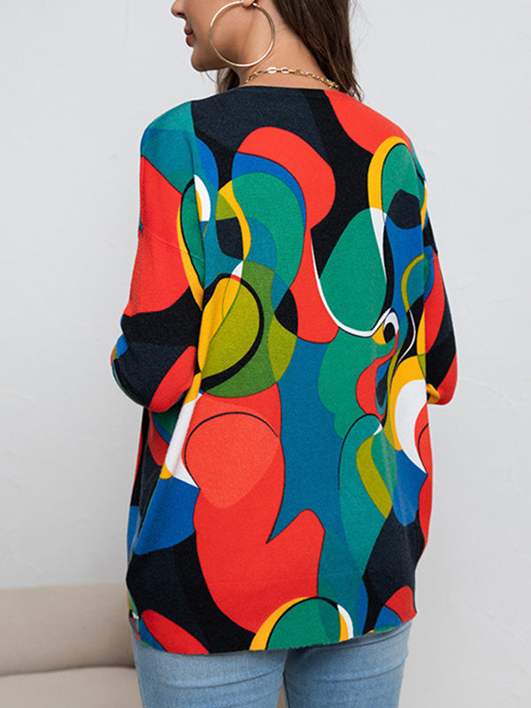 flowersverse Contrast Color Printed Long Sleeves Loose Round-Neck Sweater Tops Pullovers Knitwear