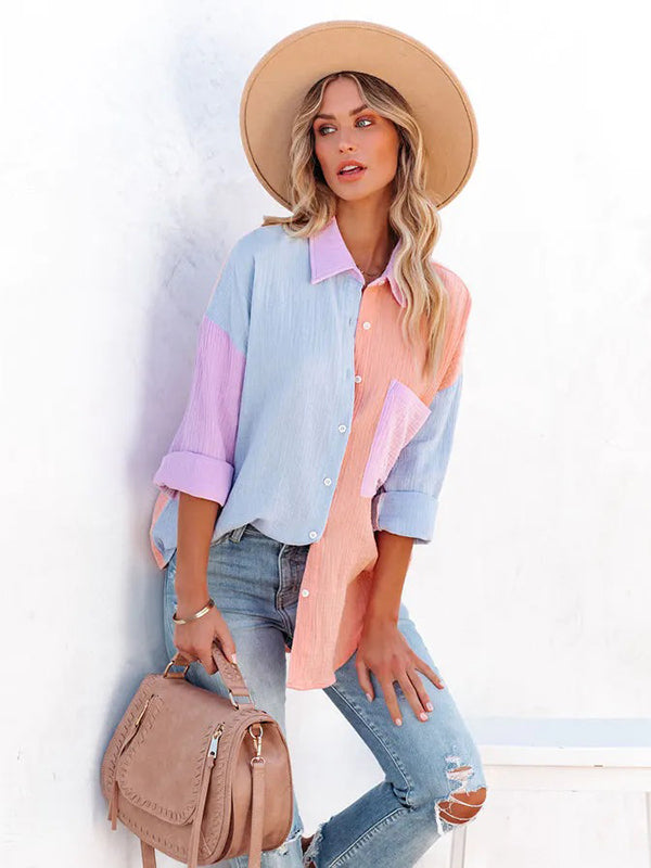 flowersverse Casual Long Sleeves Contrast Color Split-Joint Lapel Blouses