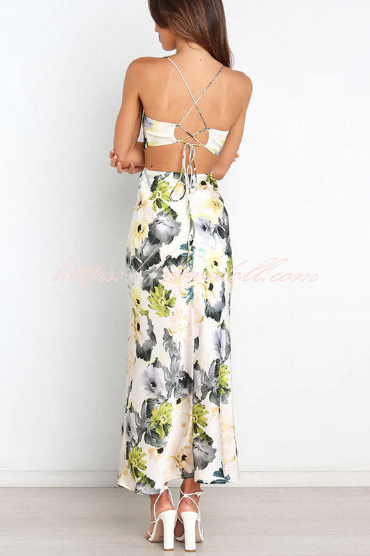 flowersverse Garden Party Floral Satin Cut Out Back Lace-up Maxi Dress