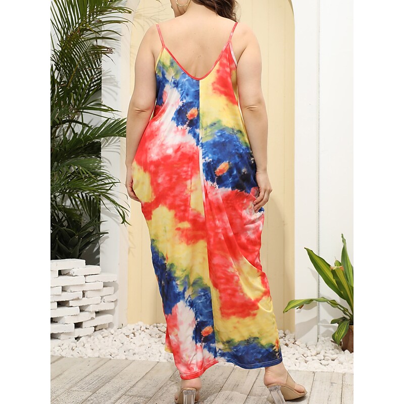 flowersverse Women's Plus Size Casual Dress Shift Dress Slip Dress Leaf Tie Dye Long Dress Maxi Dress Sleeveless Pocket Print Strap Fashion Daily Light Yellow White Spring Summer XL XXL 3XL