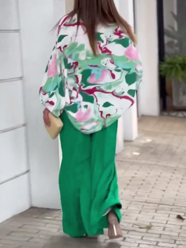 flowersverse Original Contrast Color Blouse&Solid Wide Legs Pants 2 Pieces Set