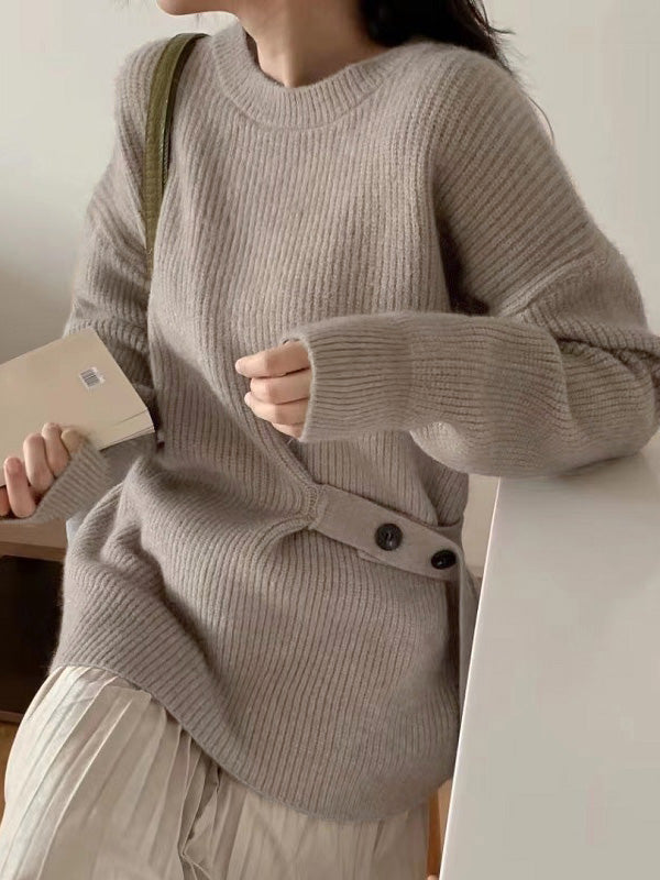 flowersverse Casual Long Sleeves Loose Solid Color Round-Neck Sweater Tops