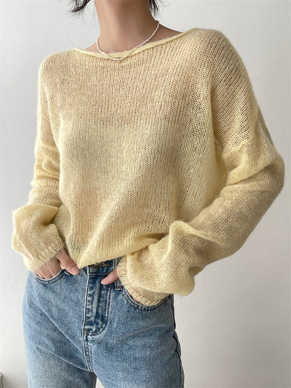 flowersverse Gentle Mohair Knitted Loose Long Sleeves Solid Color Thin Sweater Tops
