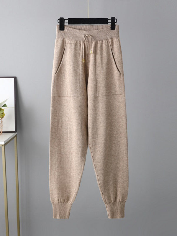 flowersverse Casual Loose Solid Color V-Neck Cardigan Tops & Harem Pants Two Pieces Set