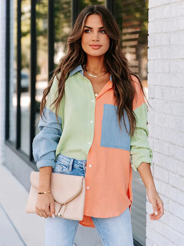 flowersverse Casual Long Sleeves Contrast Color Split-Joint Lapel Blouses