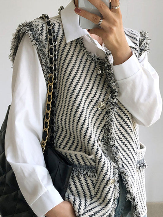 flowersverse Buttoned Fringed Pockets Striped Loose Sleeveless V-Neck Vest Outerwear