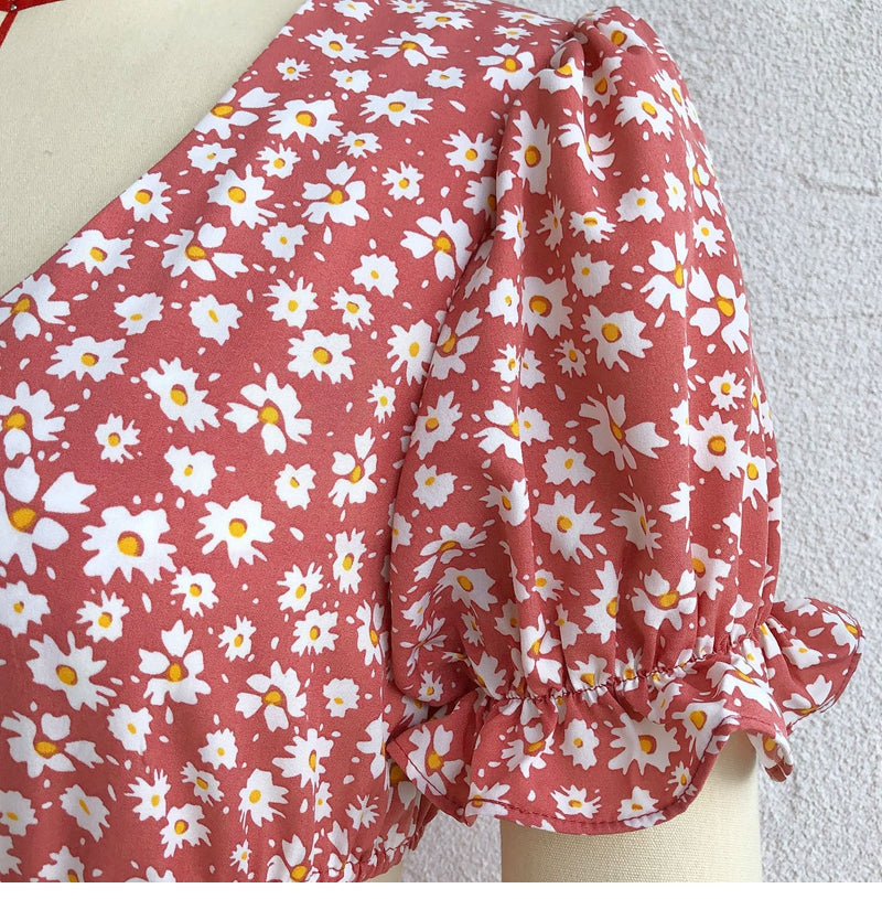 flowersverse Women Spring Summer Puff Sleeve Show Waist Print Dress Ladies Sexy Floral Short Sundress