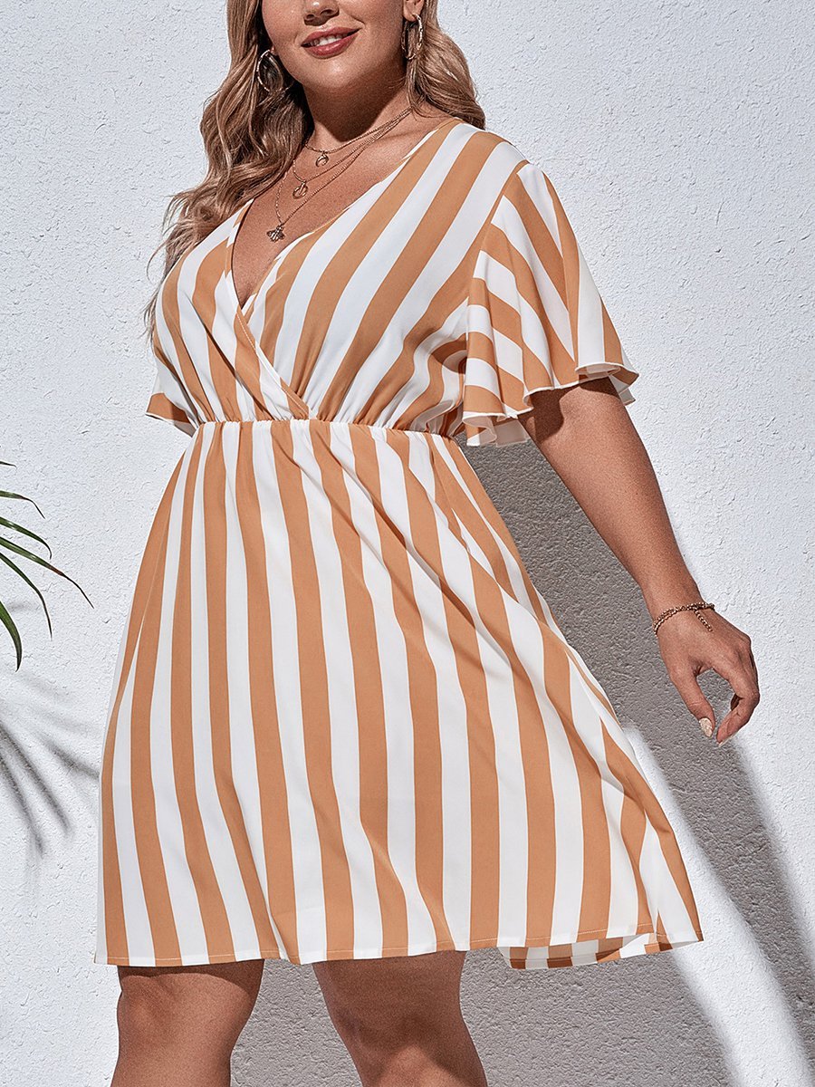 flowersverse Holiday Short Sleeve V Neck A-line Weaving Dress