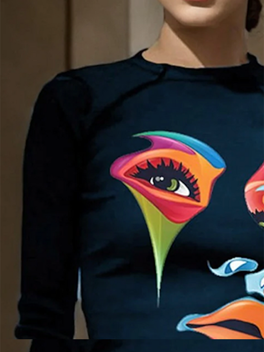 flowersverse Contrast Color Figure Half Sleeves Skinny Round-Neck T-Shirts Tops