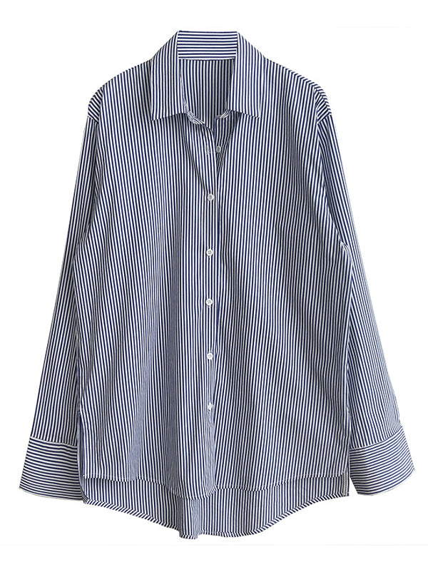 flowersverse Urban Loose Striped Lapel Collar Blouses&Shirts Tops