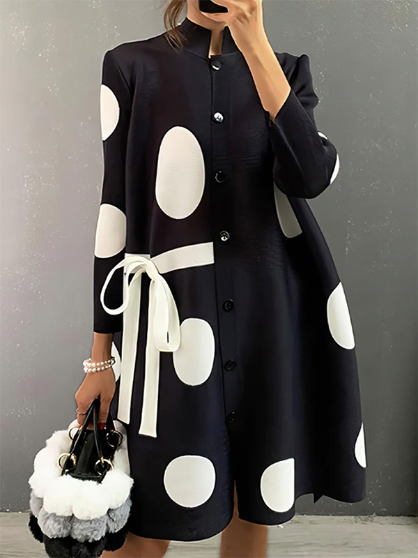 flowersverse Asymmetric Buttoned Polka-Dot Tied Long Sleeves Loose Mock Neck Midi Dresses