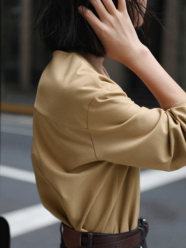flowersverse Buttoned Solid Color False Two Long Sleeves V-Neck Blouses&Shirts Tops
