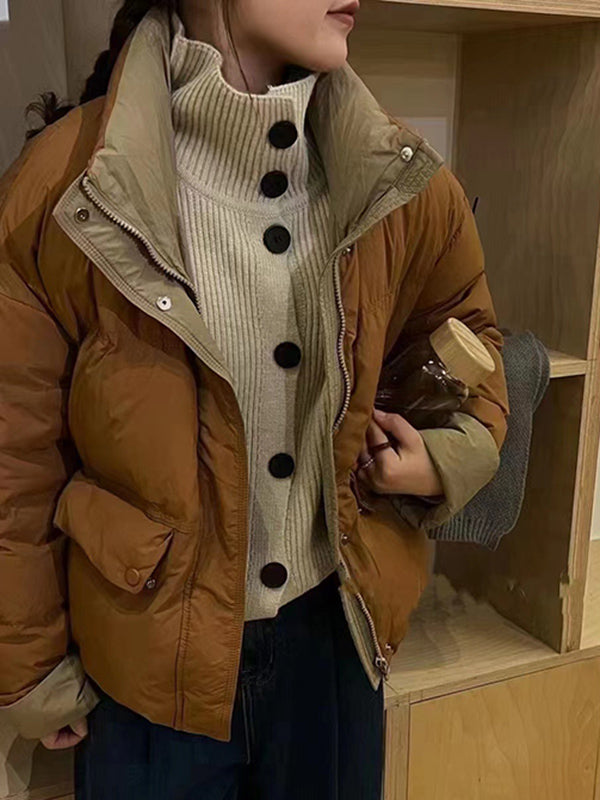 flowersverse Buttoned Contrast Color Quilted Zipper Long Sleeves Loose Stand Collar Padded Coat