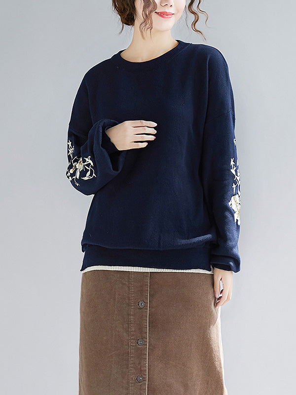 flowersverse Original Embroidere Round-Neck Knitting Sweater