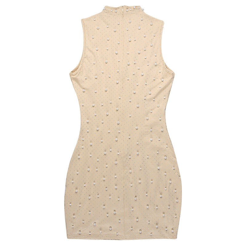 flowersverse Half-High Collar Mesh Beaded Slim Sexy Bodycon Dress
