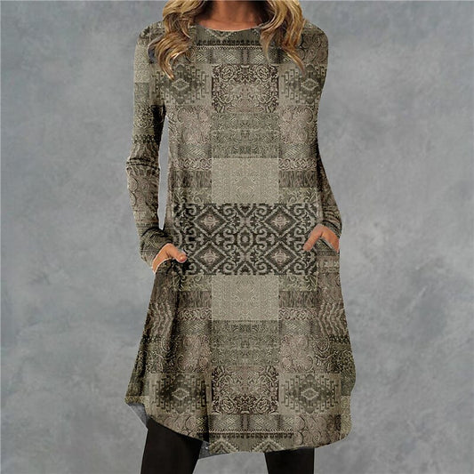 flowersverse Women's Casual Dress T Shirt Dress Tee Dress Shift Dress Mini Dress Yellow Wine Gray Long Sleeve Floral Pocket Winter Fall Spring Crew Neck Fashion Daily S M L XL XXL 3XL