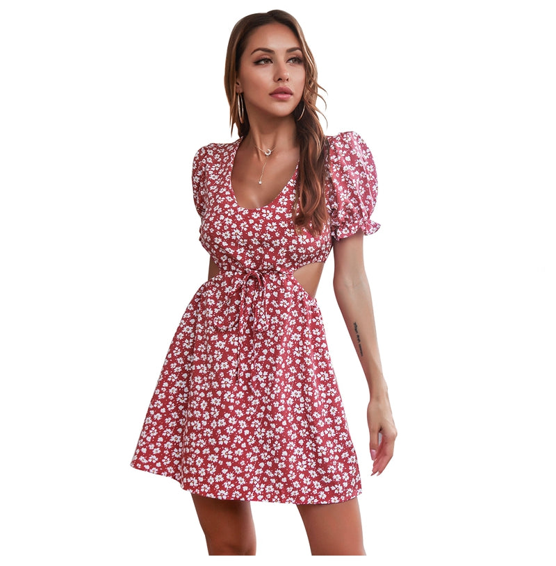 flowersverse Women Spring Summer Puff Sleeve Show Waist Print Dress Ladies Sexy Floral Short Sundress