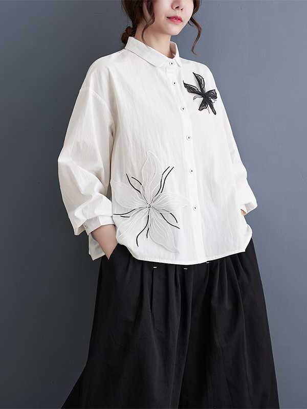 flowersverse Applique Buttoned Embroidered Long Sleeves Loose Lapel Blouses&Shirts Tops