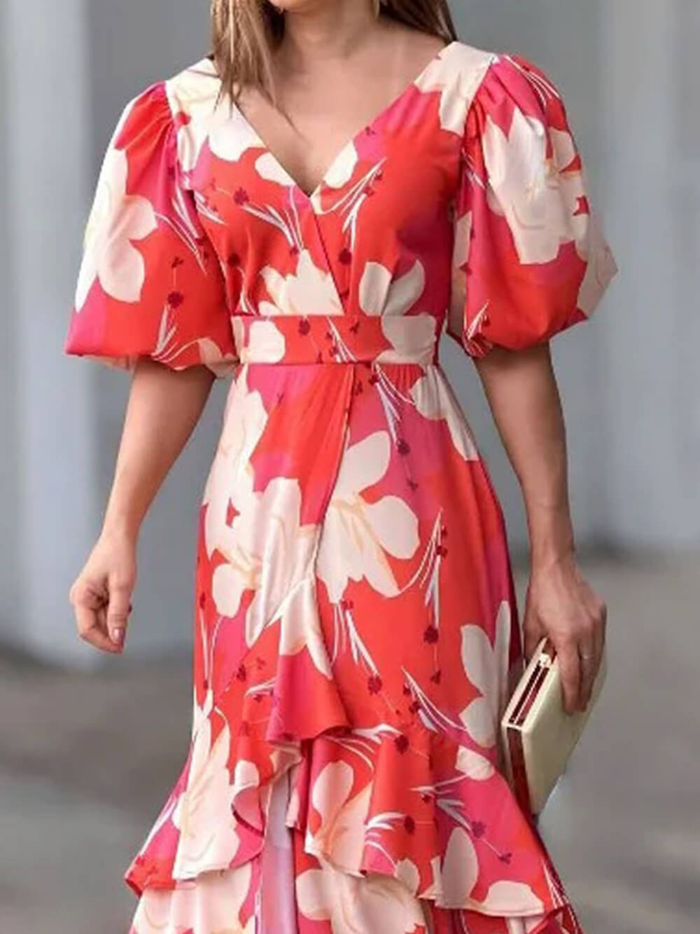 flowersverse Elegant V-Neck Printed Layered Dress
