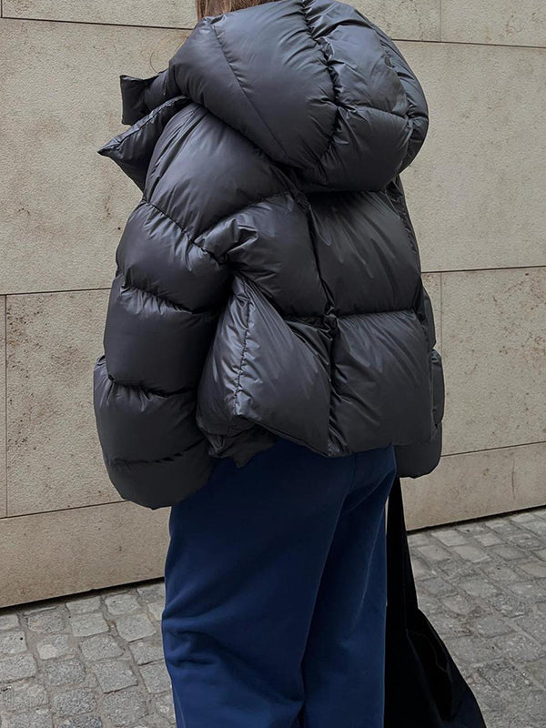 flowersverse Long Sleeves Loose Solid Color Split-Joint Hooded Padded Coat