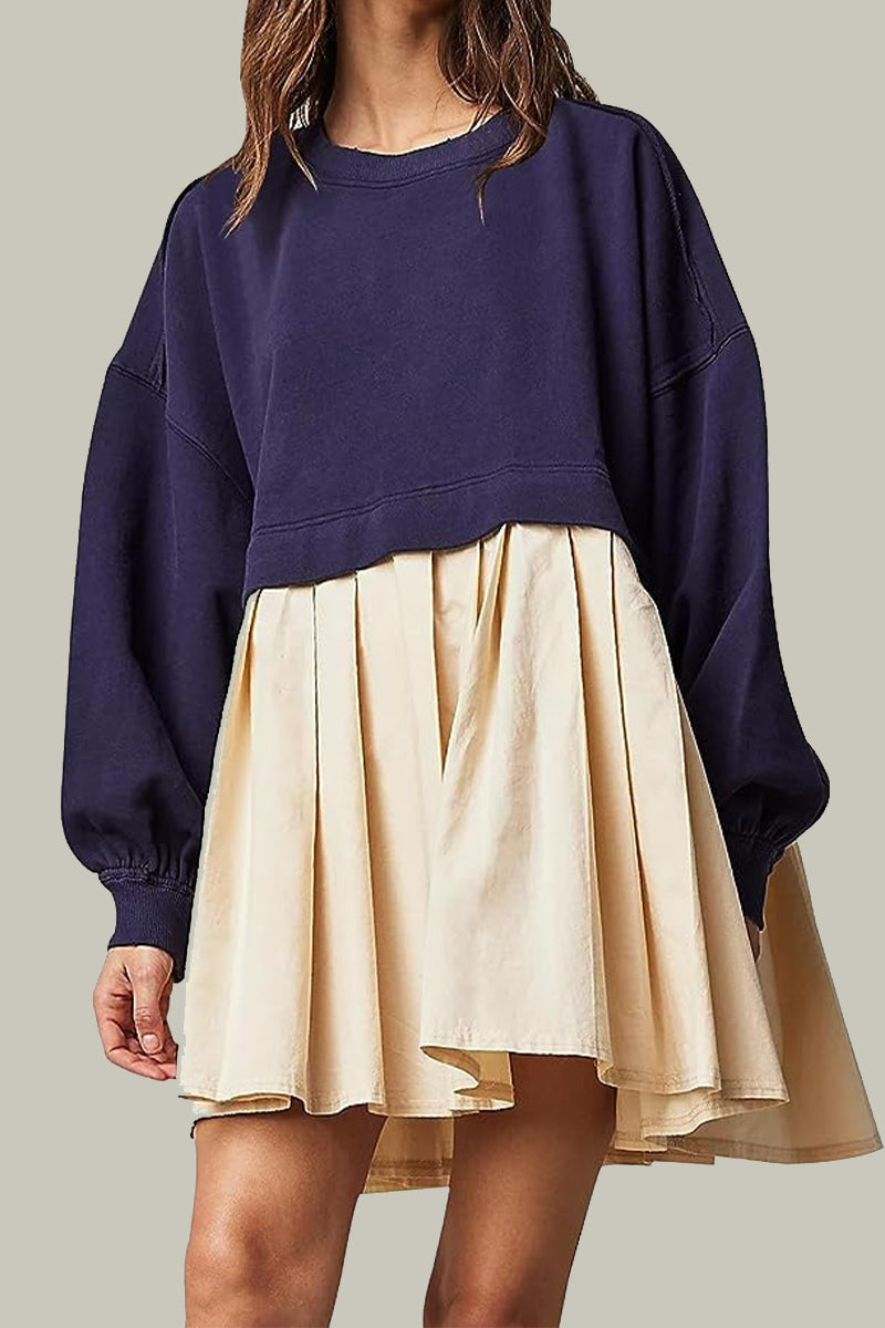 flowersverse Casual Solid Patchwork Contrast O Neck Pleated Dresses(6 Colors)