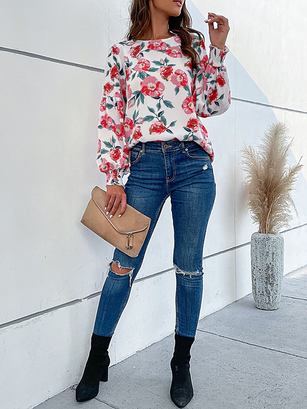 flowersverse Elasticity Flower Print Long Sleeves Loose Round-Neck Blouses&Shirts Tops