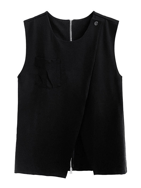flowersverse Asymmetric Zipper Loose Sleeveless Round-Neck Vest Top