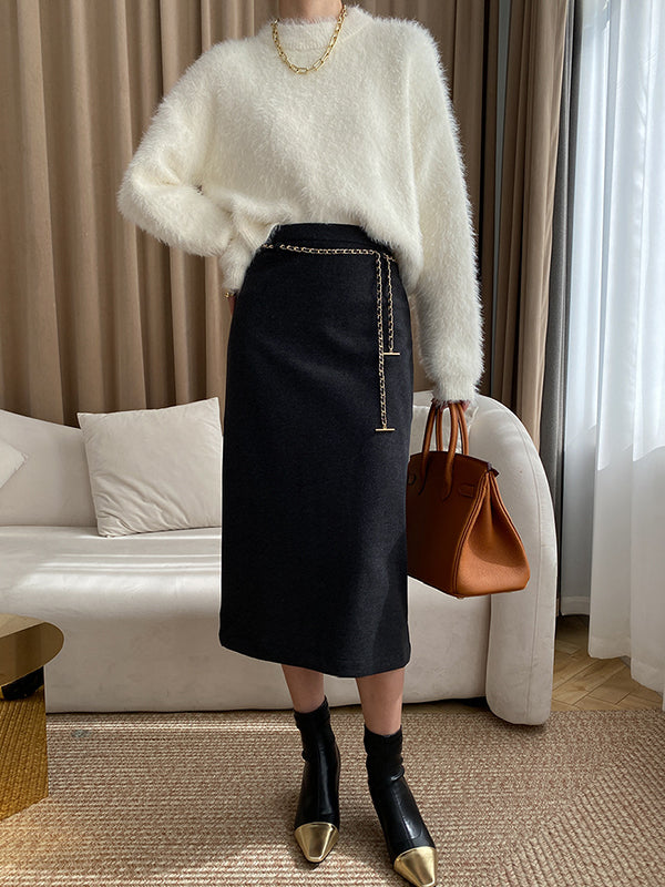 flowersverse Simple Loose Long Sleeves Solid Color Round-Neck Sweater Tops