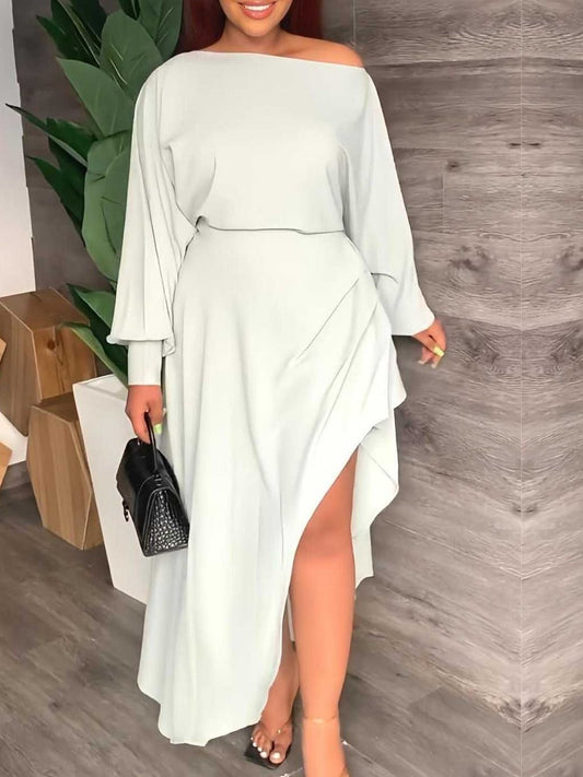 flowersverse Plus Size Inclined Neck Fold Design Asymmetrical Split Dress AT9024