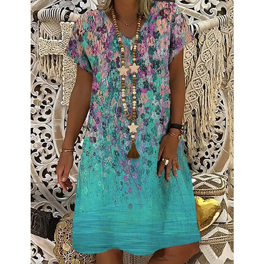 flowersverse Women's Shift Dress Midi Dress Blue Green Light Blue Short Sleeve Floral Print Spring Summer V Neck Casual S M L XL XXL 3XL