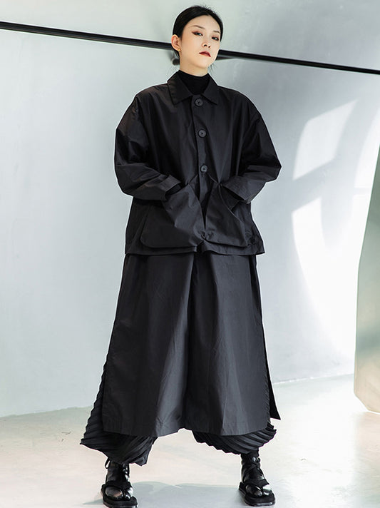 flowersverse Loose Split-Joint Black False Two Trench Coat