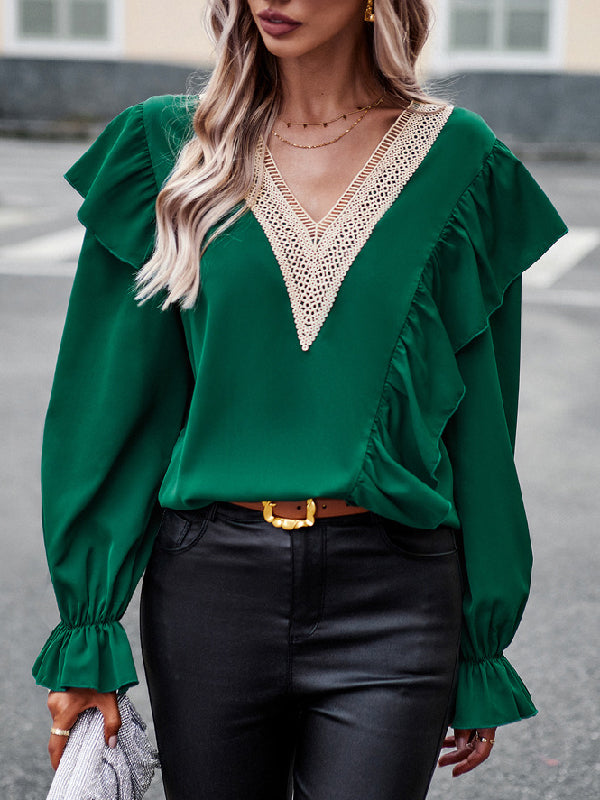 flowersverse Asymmetric Hollow Long Sleeves Loose V-Neck Blouses&Shirts Tops