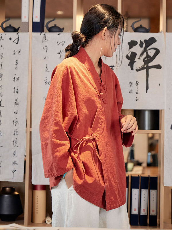 flowersverse Vintage Long Sleeves Loose Buttoned Tied Solid Color V-Neck Outerwear