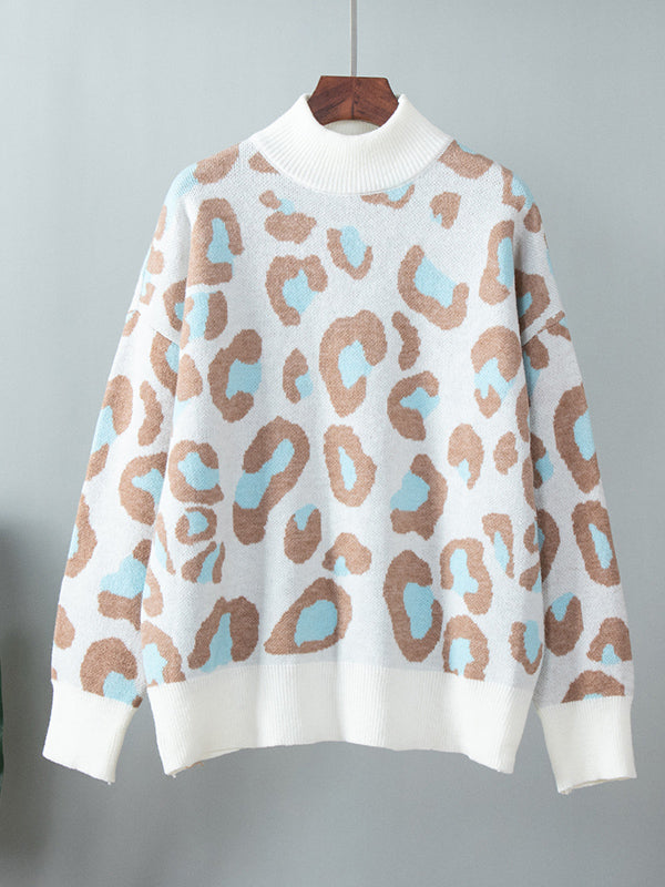 flowersverse Leopard Long Sleeves Loose Mock Neck Sweater Tops Pullovers
