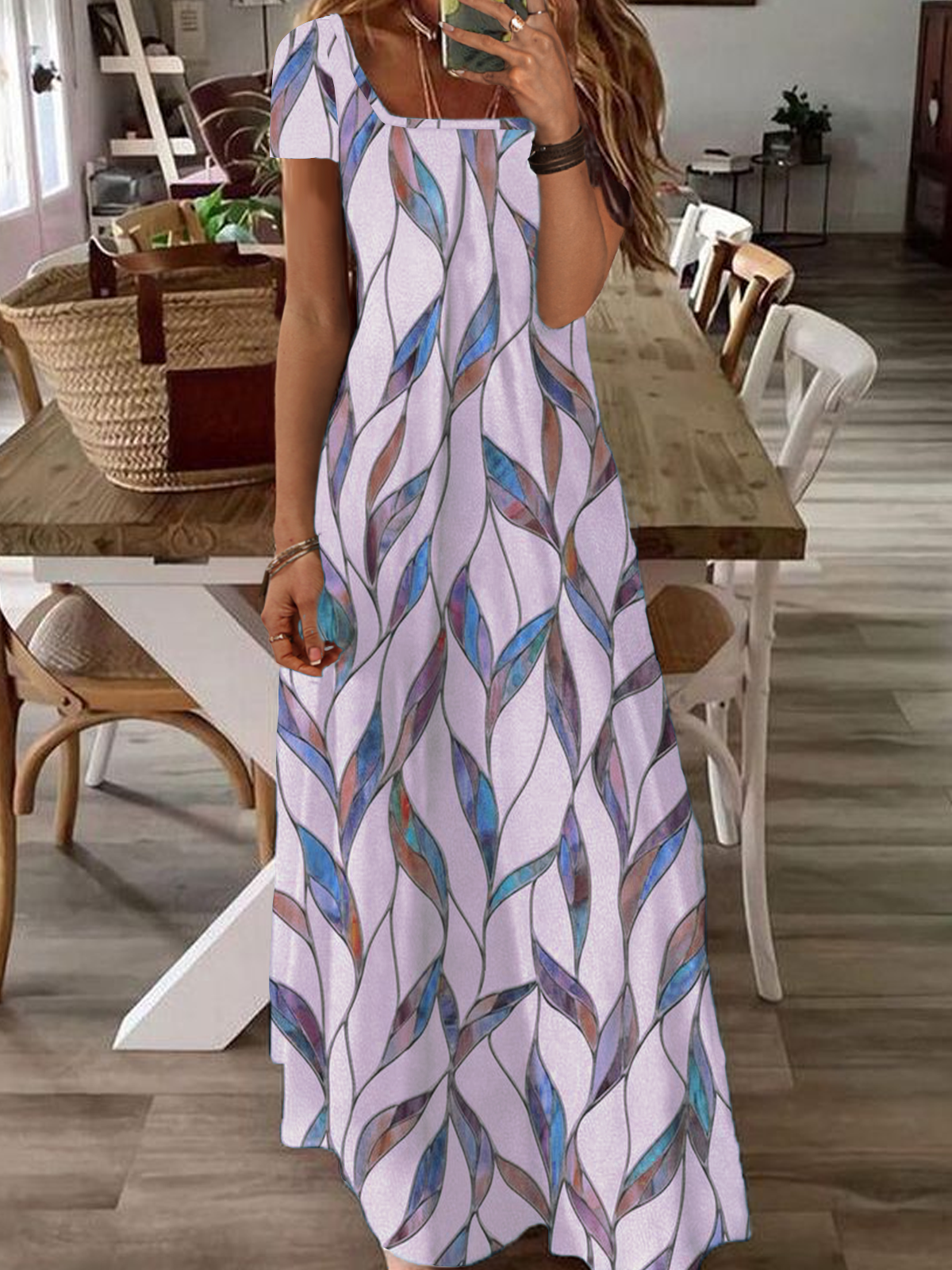 flowersverse Printed Casual Square Neck Short Sleeve Dress