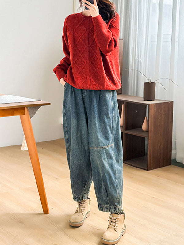 flowersverse Simple Loose Long Sleeves Jacquard Solid Color Round-Neck Sweater Tops