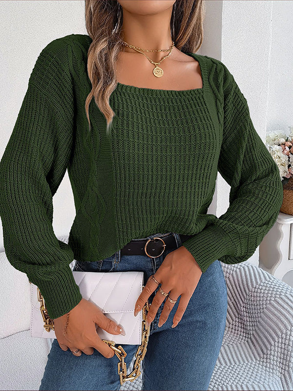 flowersverse Solid Color Long Sleeves Loose Square-Neck Sweater Tops Pullovers