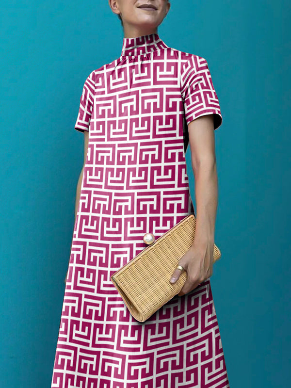 flowersverse Loose Short Sleeves Printed Stand Collar Maxi Dresses