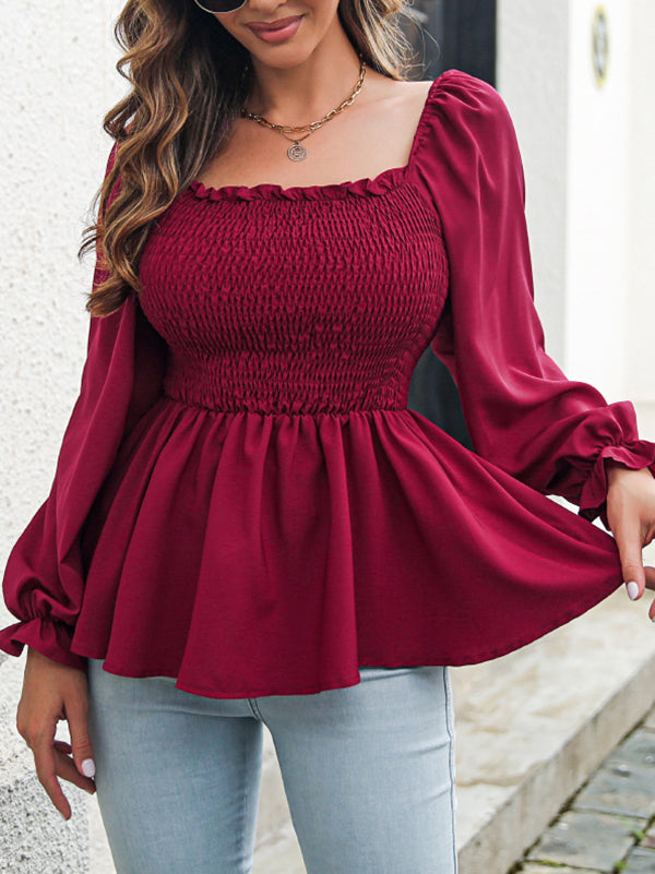 flowersverse Elasticity Pleated Solid Color Long Sleeves Puff Sleeves Square-Neck T-Shirts