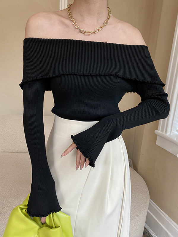 flowersverse Falbala Solid Color Long Sleeves Skinny Off-the-shoulder Sweater Tops