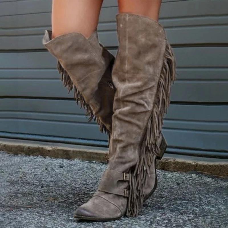 flowersverse Low Heel Suede Winter Tassel Boots