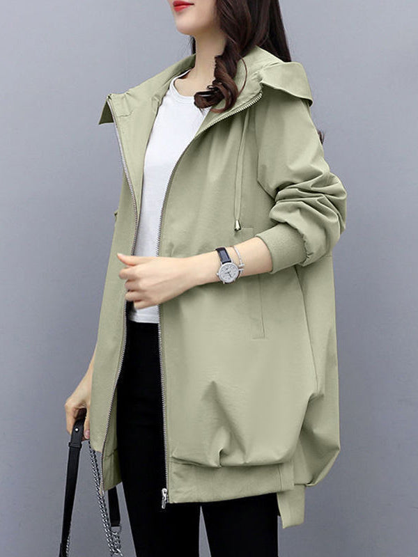 flowersverse Casual Loose 4 Colors Pleated Zipper Hooded Long Sleeves Outwear