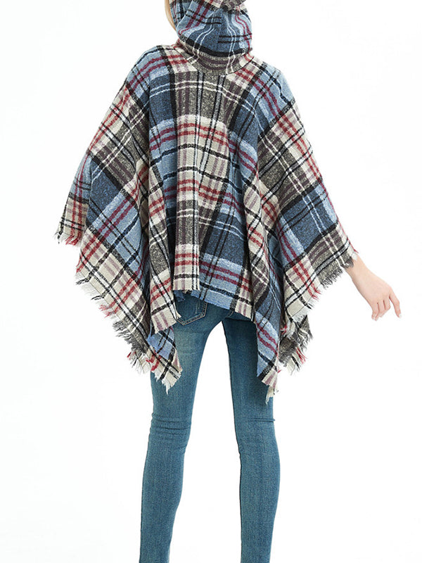 flowersverse Fringed Hooded Keep Warm Plaid Shawl&Cloak Cape