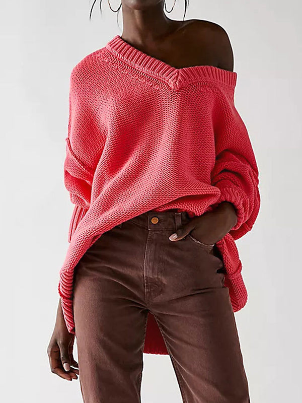 flowersverse Solid Color Velvet Long Sleeves Loose V-Neck Sweater Tops Pullovers
