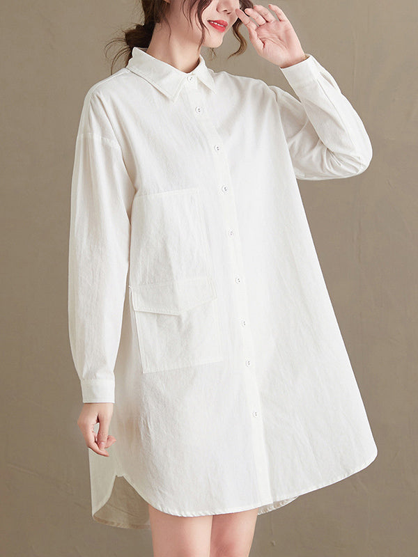 flowersverse Simple Solid Buttoned Lapel Collar Long Sleeves Blouse
