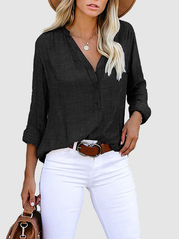flowersverse Buttoned Pockets Solid Color Long Sleeves Loose V-Neck Blouses&Shirts Tops