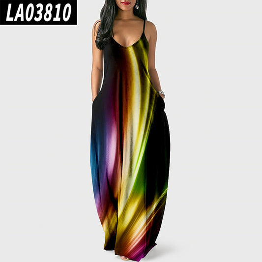 flowersverse Summer Colorful Suspender Skirt Creative Loose Waist Digital Printed Dress