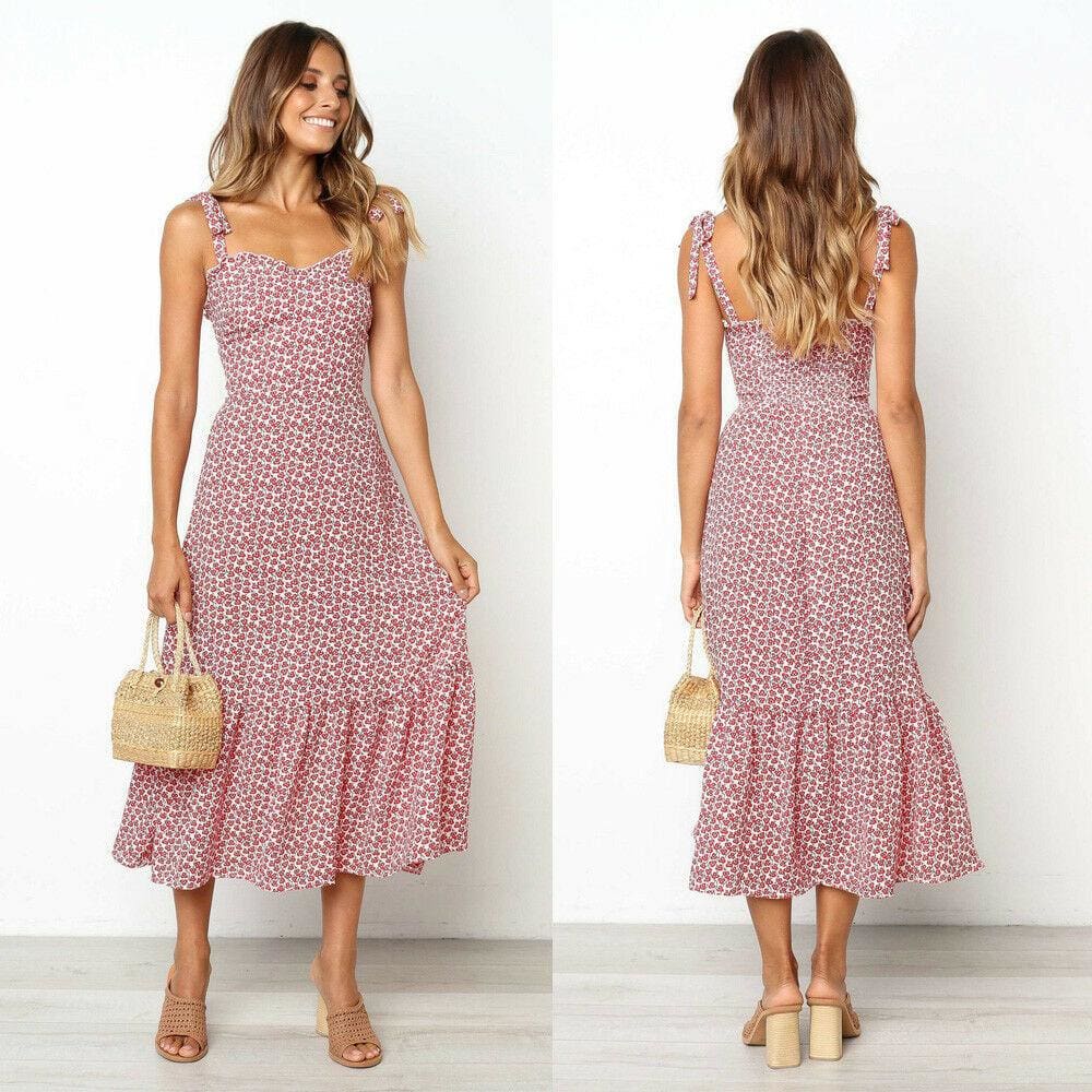 flowersverse Fashion Women Summer High Waist Dress New Ladies Boho Floral Sleeveless Dress Holiday Summer Party Beach Sundress